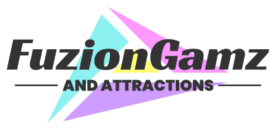 Logo of FuzionGamz and Attractions featuring bold text over abstract geometric shapes in teal, pink, and yellow.