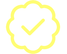 A yellow circular badge with a scalloped edge features a large checkmark in the center.
