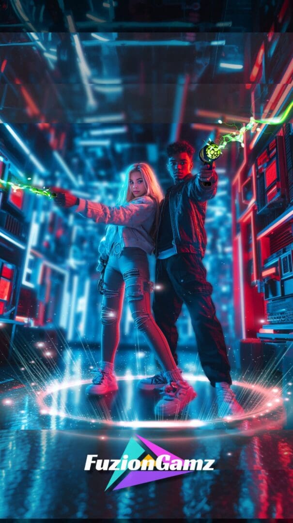 DateNight_Poster_Fusion_Plain A couple of people standing in a room with neon lights.