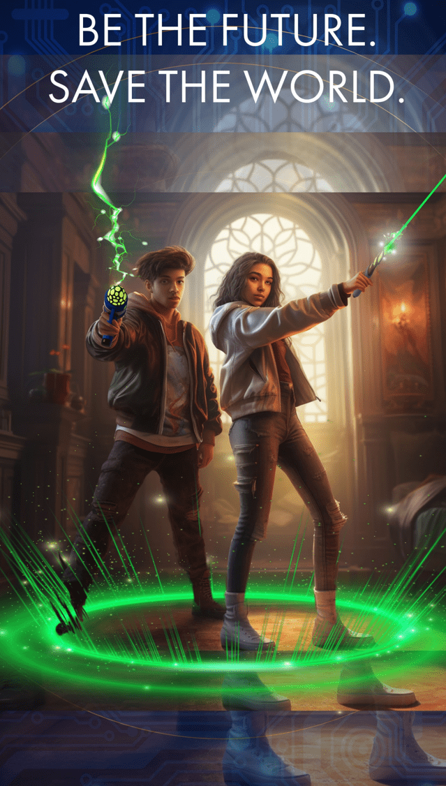 Picture2 A man and woman holding green lightsabers in front of an old church.