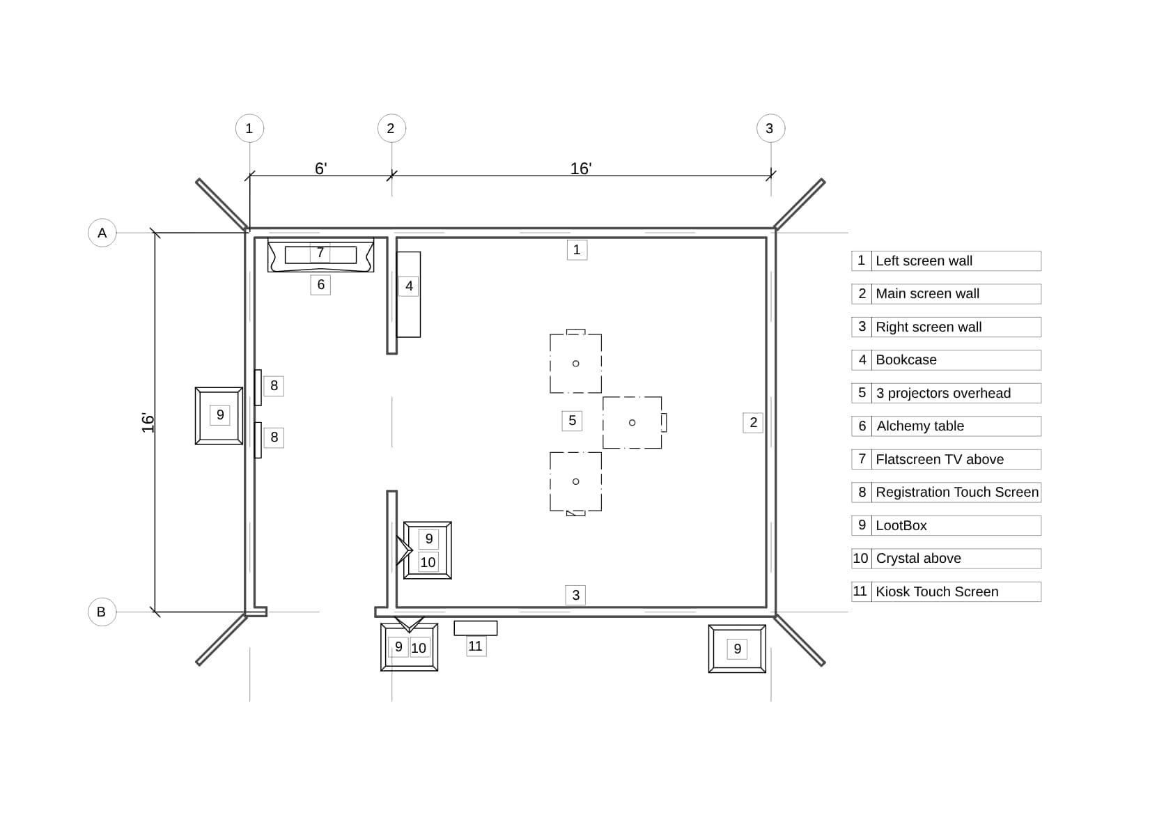 A floor plan of a room with a table and chairs.