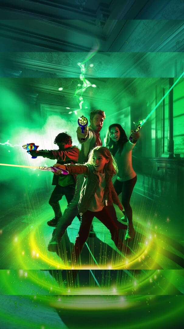 family and Date posters clean A group of people standing in front of green lights.