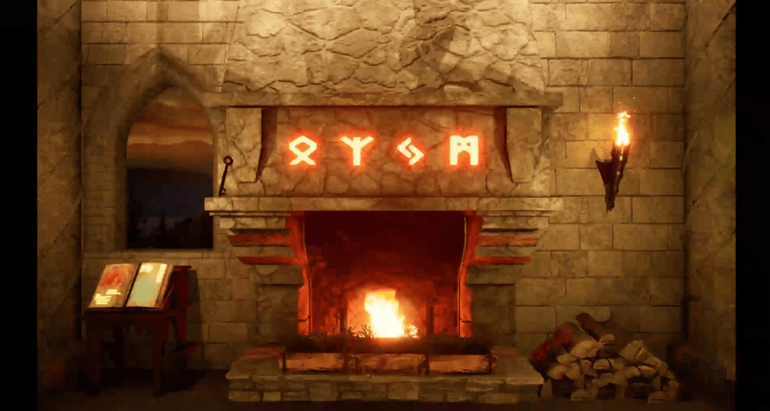 A fire place with the word " om " written in neon lights.