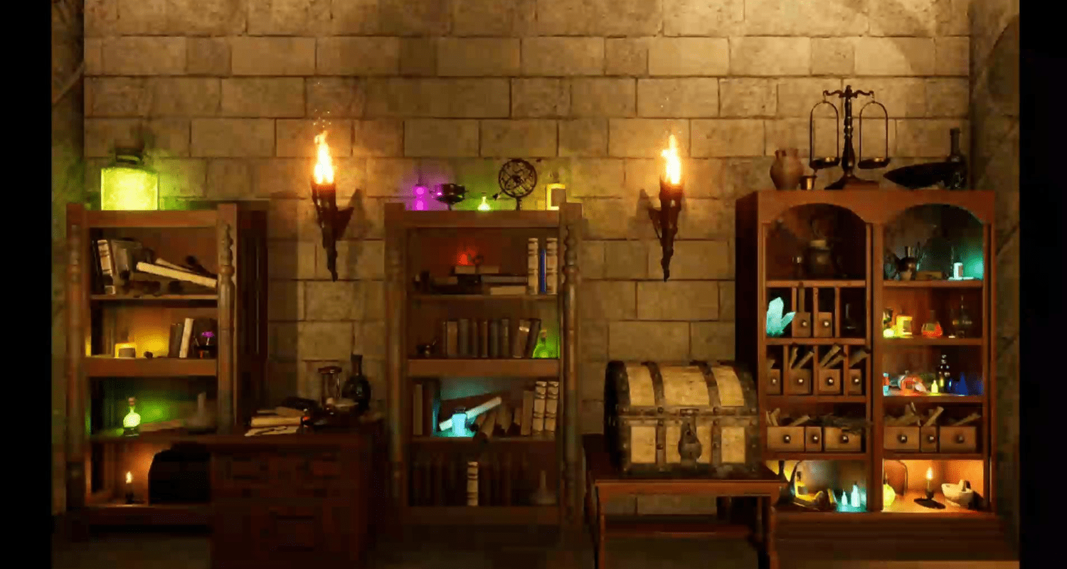 A room with shelves and lamps on the wall.