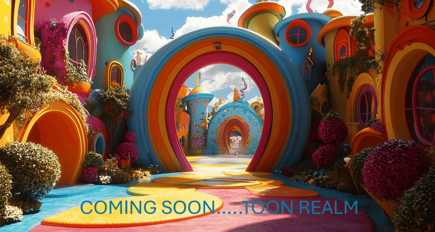 A large colorful arch with the words " coming soon...", toon realms."