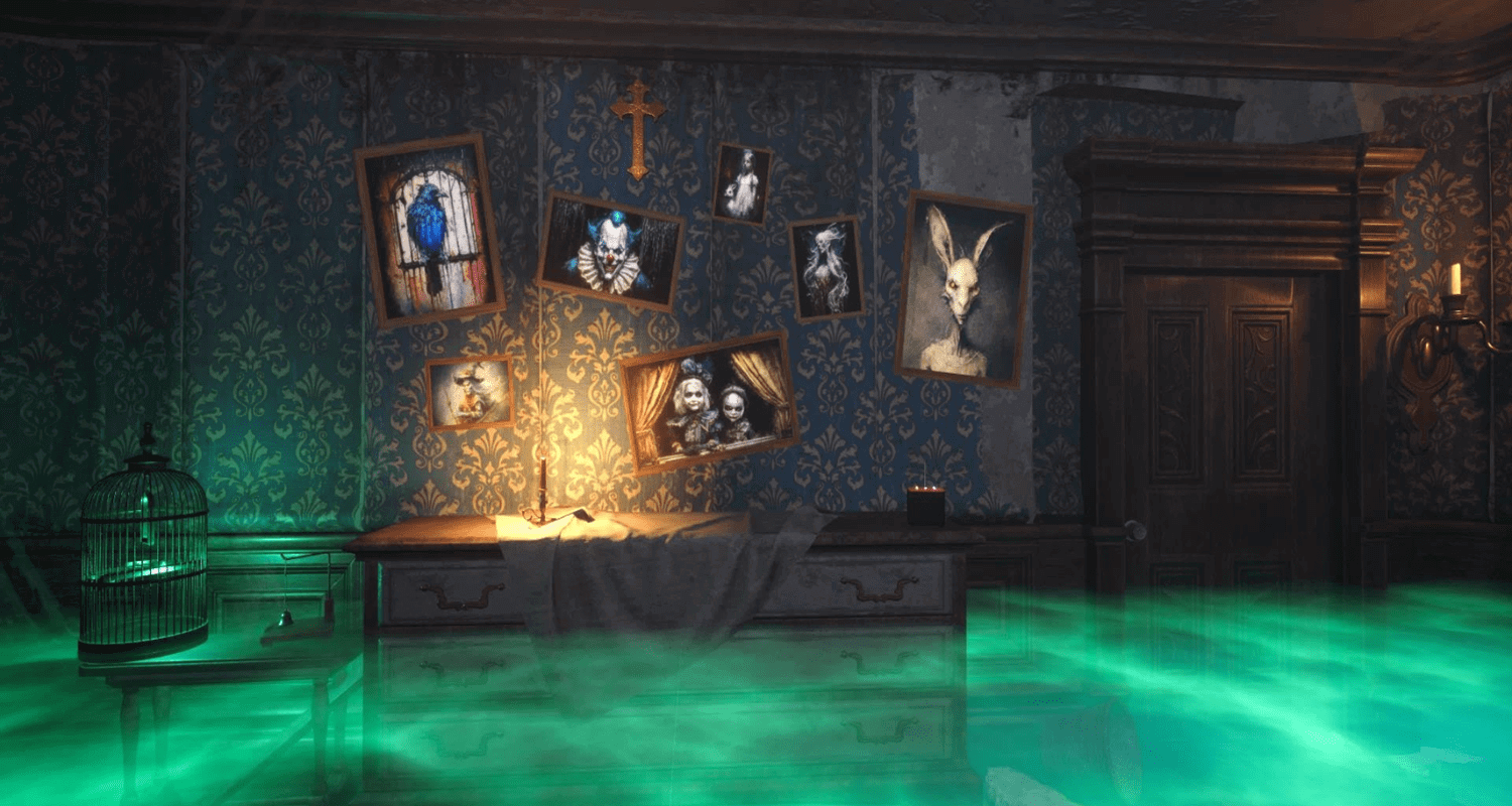 A room with pictures on the wall and a candle