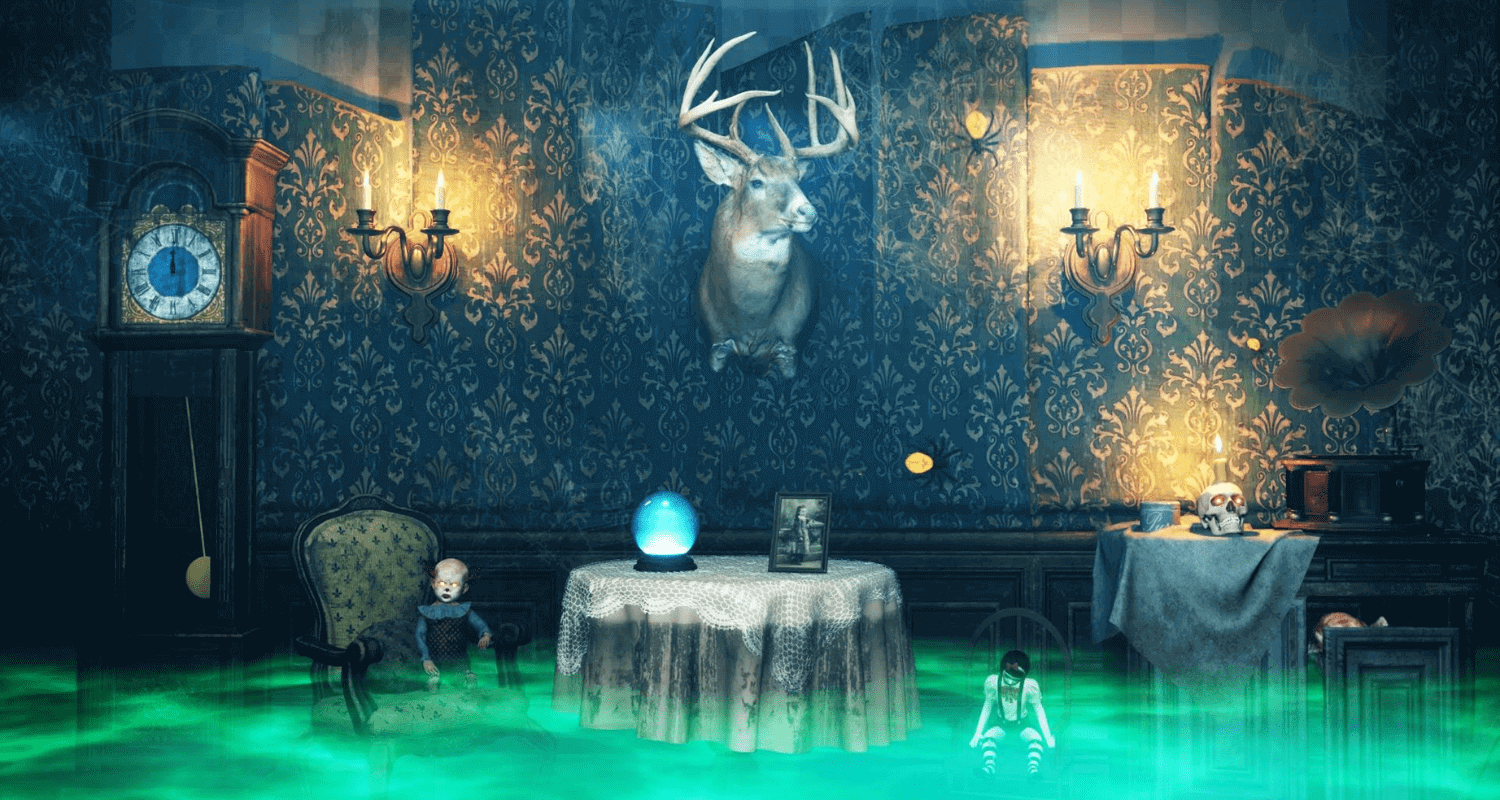 A room with a table and chairs, candles, and a deer head.