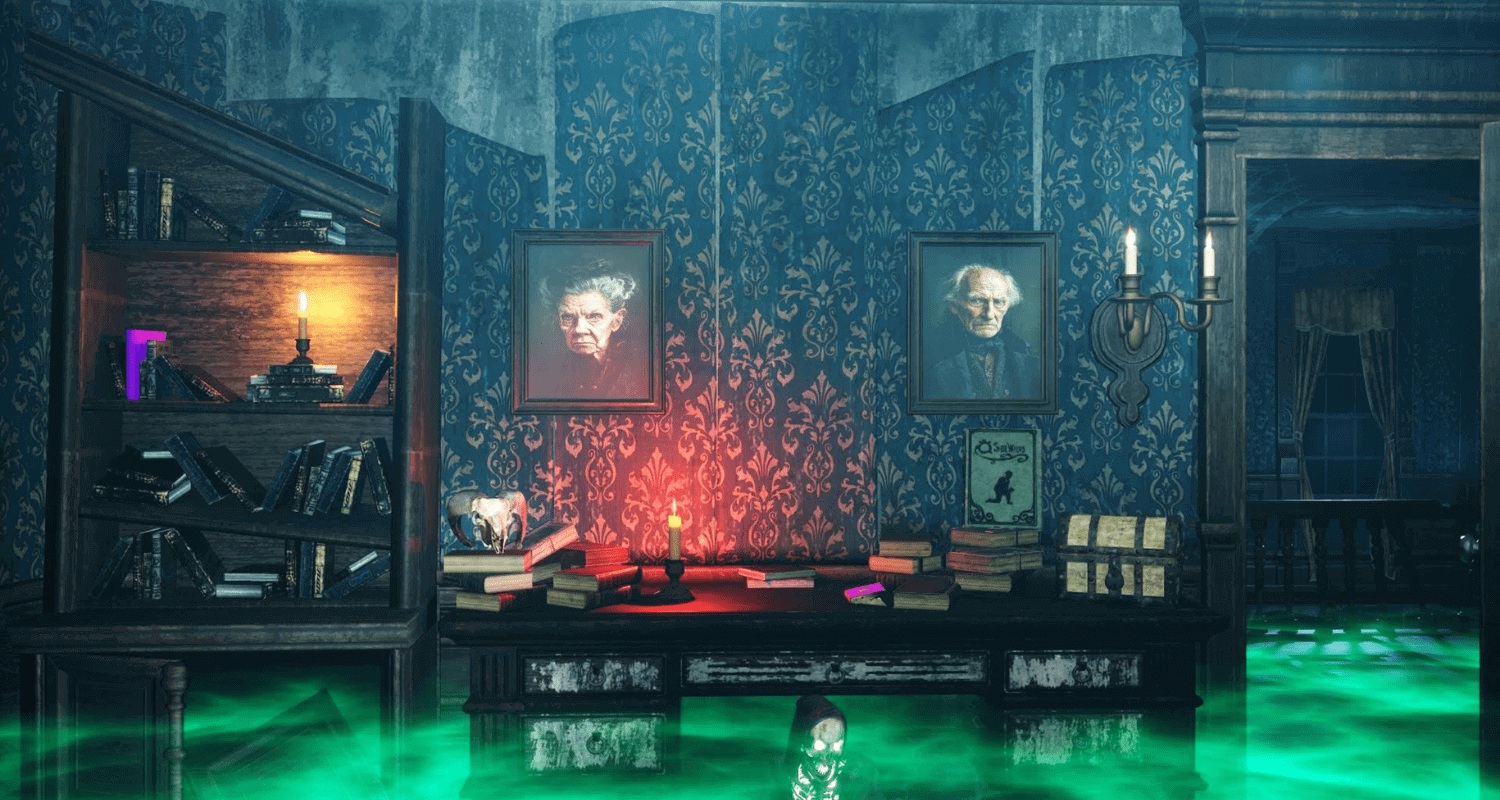 A room with two paintings and candles on the table.